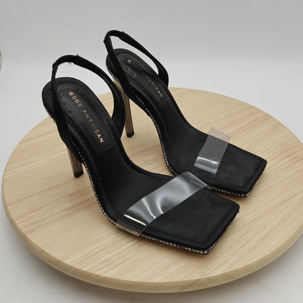 Good American Shoes Womens Size 7 Black Rhinestone Slingback Heels‎ Clear Strap